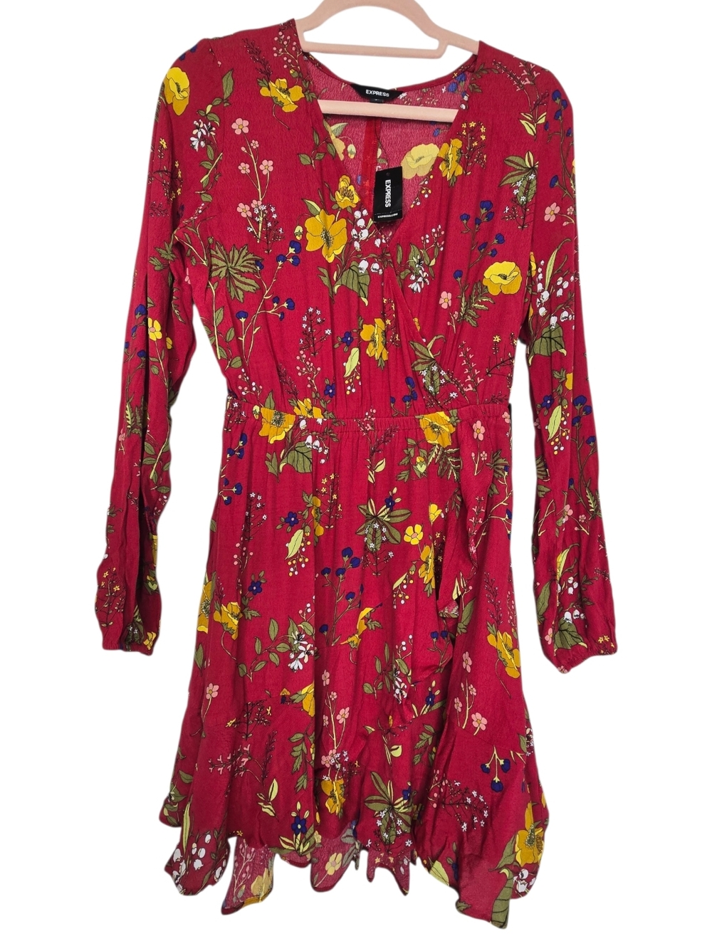 Express floral print long-sleeve ruffle faux wrap dress